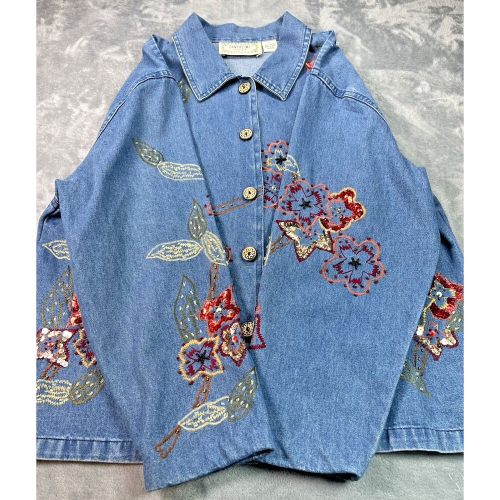 Tantrums womens embellished sequin embroidered jean jacket Large cottagecore - Picture 5 of 8